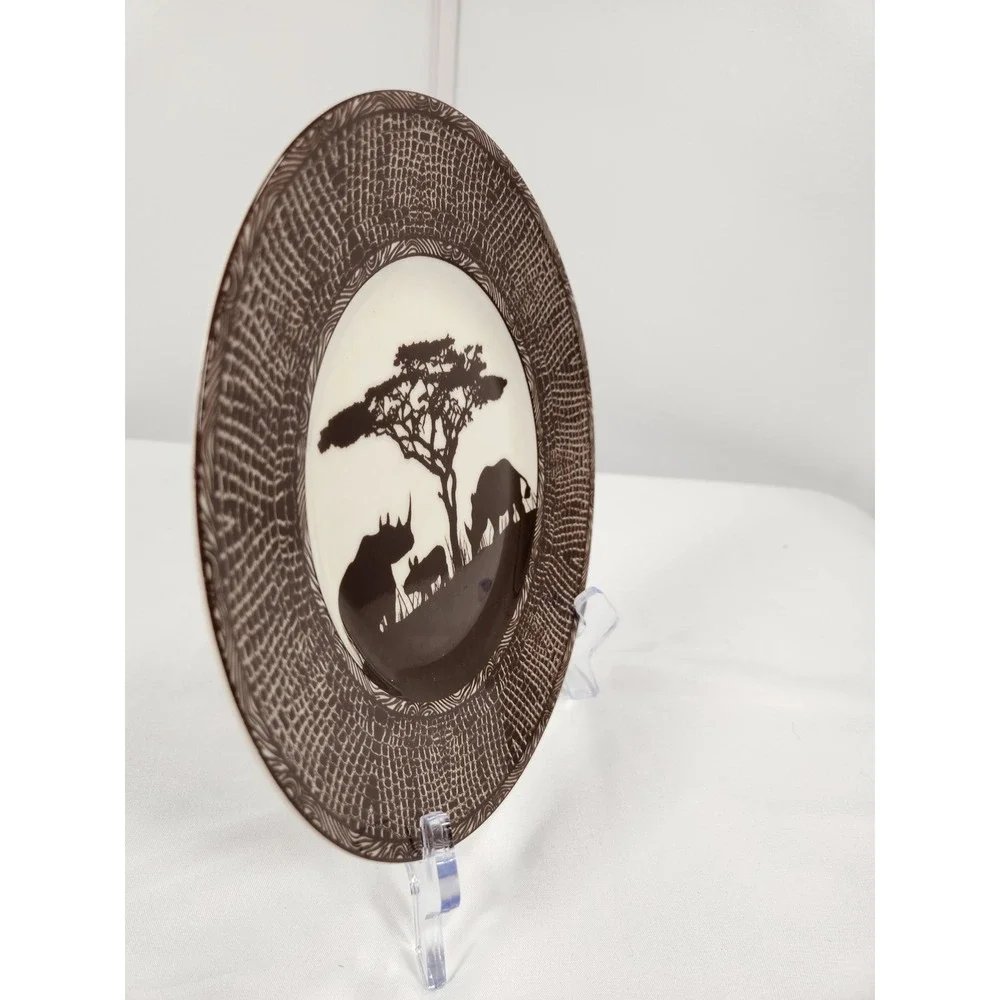 VTG Z Gallerie Brown Safari Salad Plate Rhinoceros Tree Silhouette